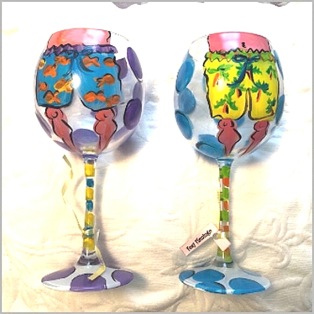 💜NWT Foxy Flamingo Hand Painted Polka Dot Goofy Wine Glasses🩵 - Picture 7 of 7